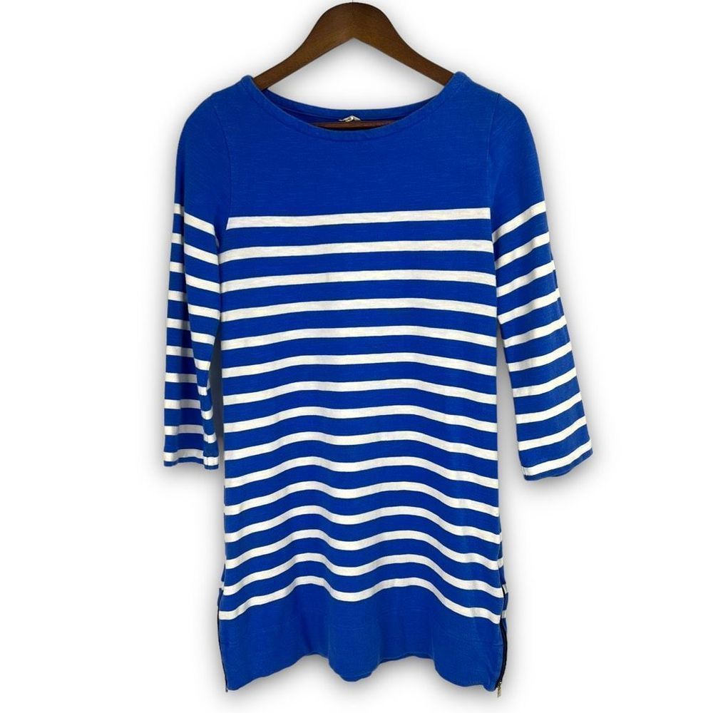 J. Crew Blue White Stripes 3/4 Sleeve Side Zip Stretch Knit Tunic Sweater XS
